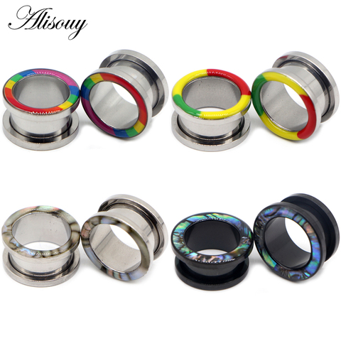 Alisouy 2pc Surgical Steel Rainbow Epoxy Shell Ear Screw Flesh Tunnel Plug PIercing Gauge Expander Stretcher Hollow Body Jewelry ► Photo 1/6