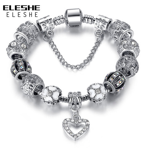 ELESHE Fashion Silver Color Heart Charms Bracelet Bangle for Women DIY Crystal Beads Fit Original Bracelets Women Jewelry ► Photo 1/6