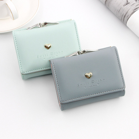 Candy Color Fashion Women Coin Purse Leather Solid Color Vintage Short Wallet Heart Hasp Ladies Girls Card Holder Clutch Bag ► Photo 1/6