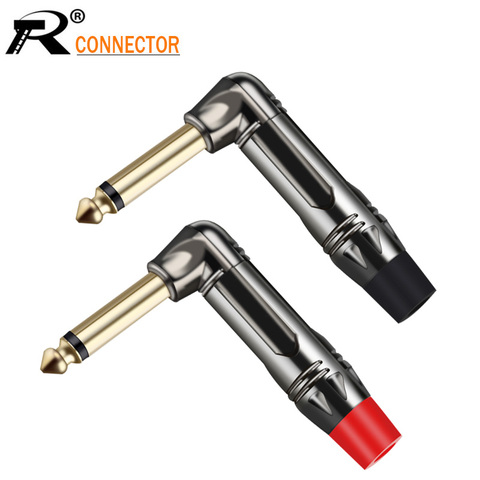 2pcs/1pair Right angle mono Jack 6.35mm Luxury Gunmetal Microphone Plug Speaker Connector 6.35mm Mono Plug Assembly Black & Red ► Photo 1/6