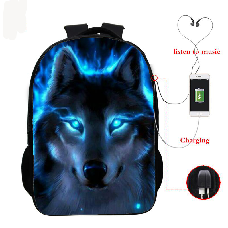 Wolf 3d Printed Backpack Boys Girls School Bag Teenager Usb Cable