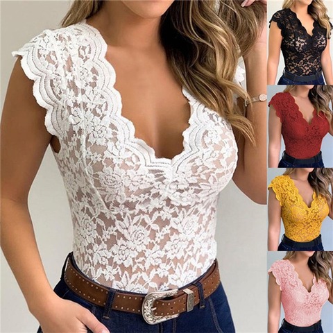 S-5XL Lace Blouses Shirts Sexy Club Female Acrylic Shirts Deep V Summer Fashon Tops Lace Sexy V Neck Sleeveless Fashon Top ► Photo 1/6