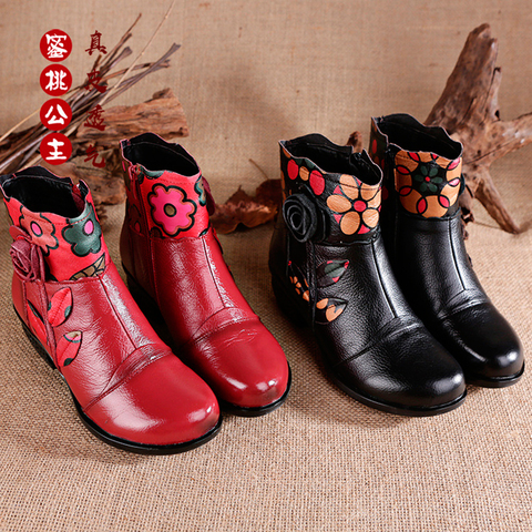 Xiuteng Retro Bohemian Women Boots Printed Genuine Leather Ankle Boots Vintage Motorcycle Booties Ladies Shoes Woman 2022 ► Photo 1/6