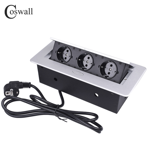 COSWALL Zinc Alloy Plate Slow Soundless POP UP Hidden 3 Power EU Socket Office Table Outlet Grounded With 1.3M Extension Plug ► Photo 1/5