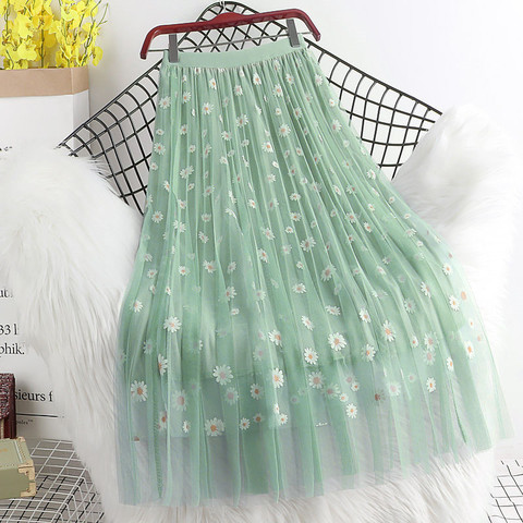 2022 Hot Sale Women Long Skirts Spring Summer High Waist 3 Layers Mesh Gauze Skirt Girl Pleated Print Sweet A- line Skirt Y187 ► Photo 1/6