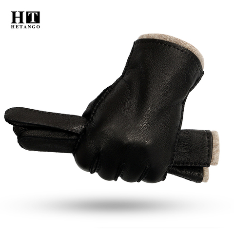 Winter Men's Genuine Leather Gloves Hand-Stitched Deerskin Warm Wear-Resistant Classic Fashion Style Mittens 70% Wool Lining ► Photo 1/6