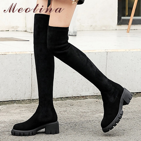 Meotina Winter Thigh High Boots Women Natural Genuine Leather Thick High Heel Over The Knee Boots Slim Stretch Shoes Lady Autumn ► Photo 1/6