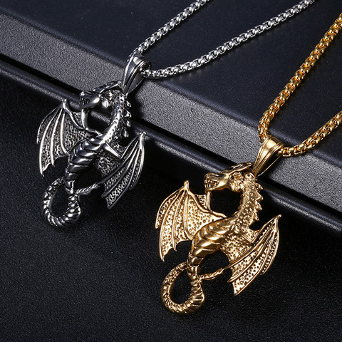 Men's Punk Flame Dragon Titanium Stainless Steel Chain Pendant Necklace ► Photo 1/6