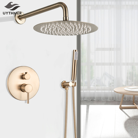 Brushed Golden Shower Faucet Wall Mounted 8/10/12/16 inch Big Rain Shower Head Rainfall Bath Shower Faucet Set with Hand shower ► Photo 1/5