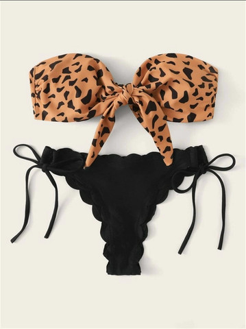 Beach Bikini 2022 Woman Sexy Front Lace Up Tie Strapless Leopard Swimsuit Female Push Up Ruffled Bow Bathing Suit Thong Swimwear ► Photo 1/6