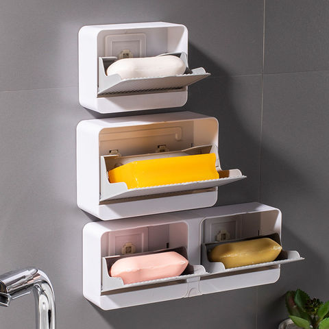 Wall-mounted Soap Dish Bathroom Storage Drain Rack Soap Box Hook Plastic Box Creative Flip Cover No Trace Sticker Free Punch ► Photo 1/1