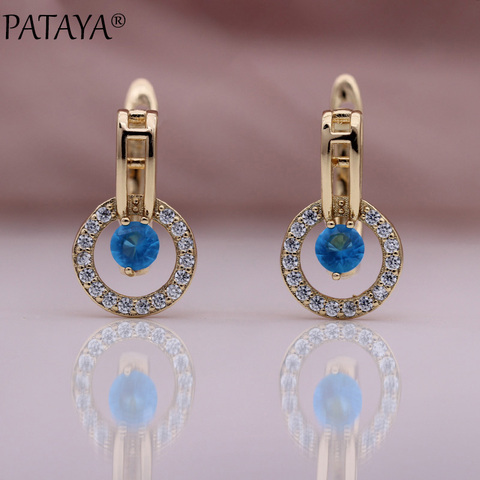 PATAYA New Sea Blue Round Natural Zircon Dangle Earrings Women Hollow Unique Earring 585 Rose Gold Romantic Fine Fashion Jewelry ► Photo 1/6