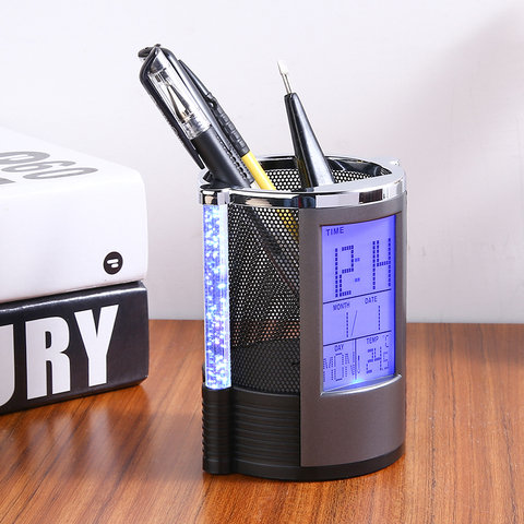 Digital LCD Desk Alarm Clock Pen Holder Mesh Pen Pencil Holder With LED Light Pens Rulers Office Desk Organizer ► Photo 1/6