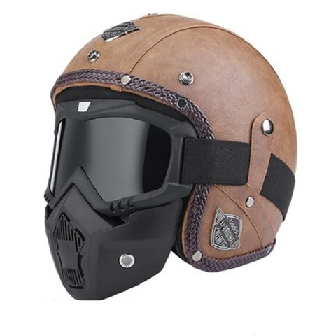 Retro Vintage Helmet Motorcycle 3/4 Open Face DOT approved visor PU leather Casco Moto Helmet Motocross helmets With Goggle Mask ► Photo 1/6
