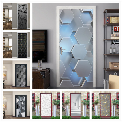 2pcs/set 3D View Hexagon Door Sticker Vinyl Peel and Stick Wallpaper Waterproof Removable Poster Home Decoration adesivo porta ► Photo 1/6