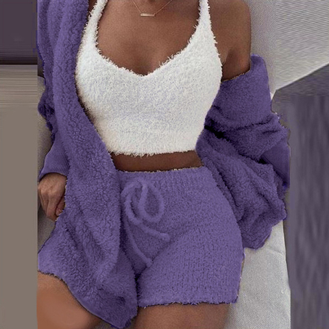 2PC/3PCS Pajama Set Women Sexy Fluffy Suit Velvet Plush Robe Set Soft Warm Sleeveless Sweater Loungewear Pijamas Mujer Sleepwear ► Photo 1/6