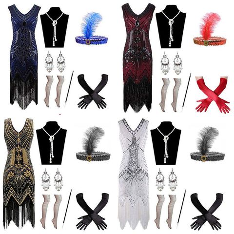 Vintage 20's Gatsby Sequin Fringed Paisley Flapper Dance Dress with Jewelry Accessories Set Sequin Beaded Tassels Dress ► Photo 1/6