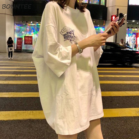 T-shirts Women Half Sleeve O-Neck Lengthen Loose Streetwear Letter Printing Chic Summer Clothing Harajuku Soft Thin All-match ► Photo 1/6