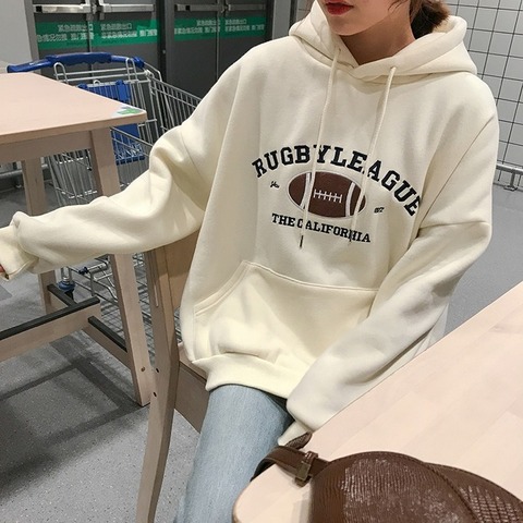 Rugby Fleece Women Hoodie Beige Gray Blue Loose Casual Korean Style Sweatshirt Hooded Pull ► Photo 1/6