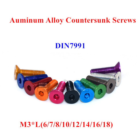 10pcs M3 Aluminum Alloy Flat Screws DIN7991 M3*6/7/8/10/12/14/16/18mm Hex Socket Countersunk head Screws Bolts Anodized Color ► Photo 1/1