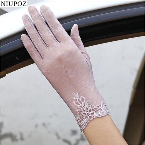 Sexy Summer Women UV Sunscreen Short Sun Female Gloves Fashion Ice Silk Lace Driving Of Thin Touch Screen Lady Gloves G02E ► Photo 1/5