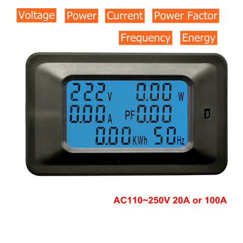 Digital Voltmeter Ammeter AC 110V 220V 20A/100A AC Current Voltage Meter Watt kWh Monitor Power Factor Frequency Energy Meter ► Photo 1/6