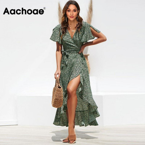 Aachoae Long Wrap Dress 2022 Summer Boho Style Floral Print Maxi Beach Dress Sexy Side Split Party Dress Sundress Vestidos ► Photo 1/6