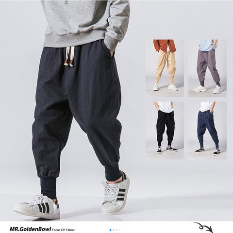 MrGoldenBowl Store Men Harem Pants Japanese Casual Cotton Linen Trouser Man Jogger Pants Chinese Baggy Pants ► Photo 1/6