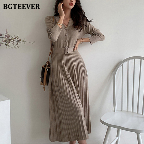 BGTEEVER Elegant V-neck Single-breasted Women Sweater Dress 2022 Autumn Winter Slim Waist Knitted Belted Female A-line Vestidos ► Photo 1/6