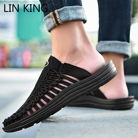 LIN KING High Quality Breathable Knit Men's Outdoor Slippers Fashion Black Slides Comforable Summer Casual Beach Shoes For Man ► Photo 1/6