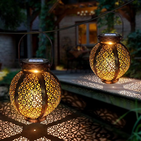 Hanging Solar Lanterns Retro Hollow Solar Lights with Handle Outdoor Solar Garden Lights Decor for Yard Tree Fence Patio Bronze ► Photo 1/6