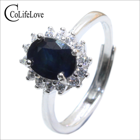 Real Sapphire Silver Ring 6 Mm * 8 Mm Natural Black Sapphire Ring for Lady Solid 925 Sterling Silver Sapphire Ring Romantic Gift ► Photo 1/6