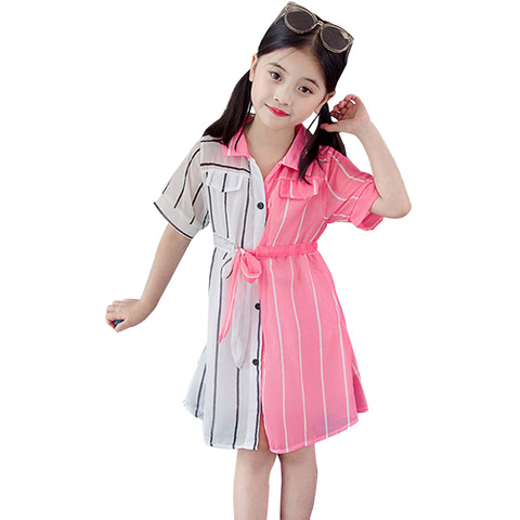 Girls Summer Dress Striped Blouse Dress For Girl Patchwork Kid Shirt Dress Teenage School Costume For Girls ► Photo 1/6
