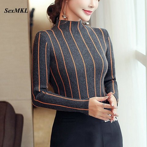 SEXMKL Striped Turtleneck Pullover Women 2022 Winter Thick Sweater Red Korean Ladies Office Knitted Sweater Black Top Pull Femme ► Photo 1/6