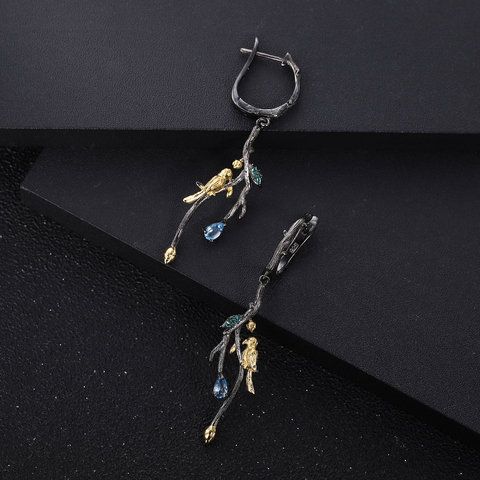 GEM'S BALLET 925 Sterling Silver Handmade Branches Buds Bird Earrings Natural Swiss Blue Topaz Drop Earrings for Woman Jewelry ► Photo 1/6