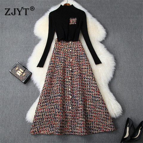 Runway Designer 2Piece Set Women 2022 Fashion Autumn Winter Outfits Black Sweater and Long Tweed Woolen Skirt Suit Twinset ► Photo 1/6