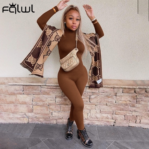 FQLWL Winter Long Sleeve Brown Sexy Bodycon Jumpsuit Women Romper One Piece Outfit Turtleneck White Black Jumpsuit Female Ladies ► Photo 1/6