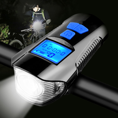 Waterproof Bicycle Light USB Charging Bike Front Light Flashlight Handlebar Cycling Head Light w/ Horn Speed Meter LCD Screen ► Photo 1/6