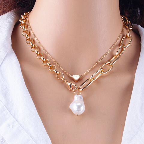 New Design Pearl Chain Choker Necklace Women Baroque Pearl Heart Charm Pendant Necklace Chocker Chains Gold Silver Color Jewelry ► Photo 1/6