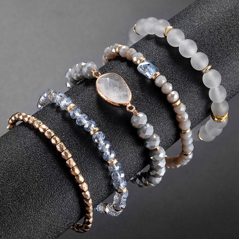 Summer Women Jewelry Set Boho Natural Stone Crystal Chain Alloy Bracelets Gift