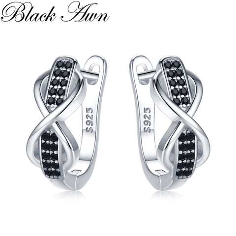 2022 Black Awn 925 Sterling Silver Round Black Trendy Spinel Engagement Bow Hoop Earrings for Women Fine Jewelry Bijoux I157 ► Photo 1/6