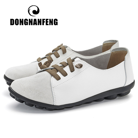 DONGNANFENG Women's Genuine Leather Mother Ladies Shoes Flats Loafers Ballerina Lace Up Soft Moccains Plus Size 43 44 MX-052 ► Photo 1/6