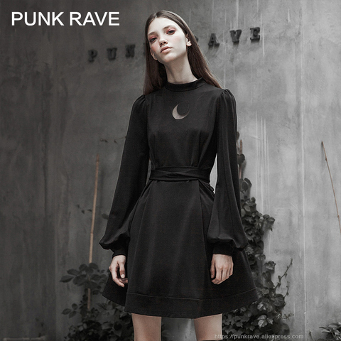 PUNK RAVE Women's Gothic High Collar Collect Waist Dress Knit Belt Collect Waist Sexy Retro Lantern Sleeve Women Dresses ► Photo 1/6