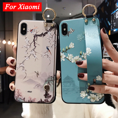 3D Emboss Wrist Strap Case for Redmi Note 8 Pro 6 7Pro 5 5A 4X K20 Pro Flower TPU Phone Holder Cover for Xiaom Mi 8 9 5X 6X CC9 ► Photo 1/6