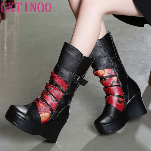 GKTINOO New Fashion Genuine Leather Women's Boots Mid-Calf  Winter Warm Shoes Casual Women Wedges Shoes Woman Motorcycle Boots ► Photo 1/6