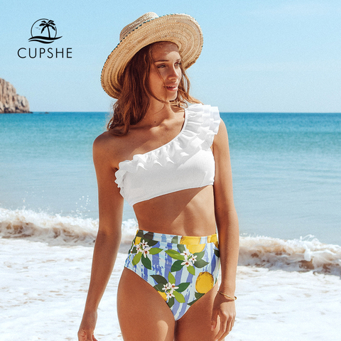 CUPSHE White and Lemon One Shoulder Bikini Sets Sexy High-waist Swimsuit Two Pieces Swimwear Women Biquinis 2022 Bathing Suit ► Photo 1/6