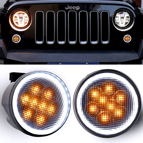 Front LED Turn Signal Light Assembly with White Halo Smoke Lens for 2007 to2011 2012 2013 2014 2015 2016 2017 Jeep Wrangler JK ► Photo 1/6