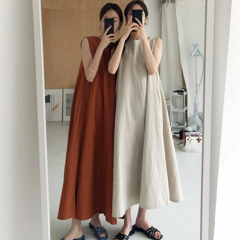 Women Summer Vintage Cotton and Linen Long Tank Dress Sleeveless Loose Waist Large Hem Round Collar Midi Sundress ► Photo 1/5