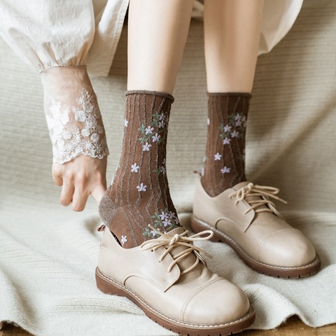 Korean Fashion News 2022 Floral Print Women's Socks Harajuku Vintage Streetwear Crew Socks Japanese Kawaii Cute Cotton Long Sock ► Photo 1/6