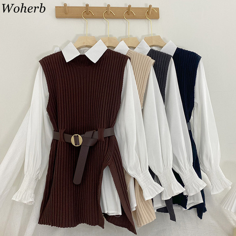 Woherb 2022 Korean Spring Autumn Women Knitted Pullovers Vest + White Blouse Casual Belt Suit Two Piece Set Conjuntos Mujer ► Photo 1/6